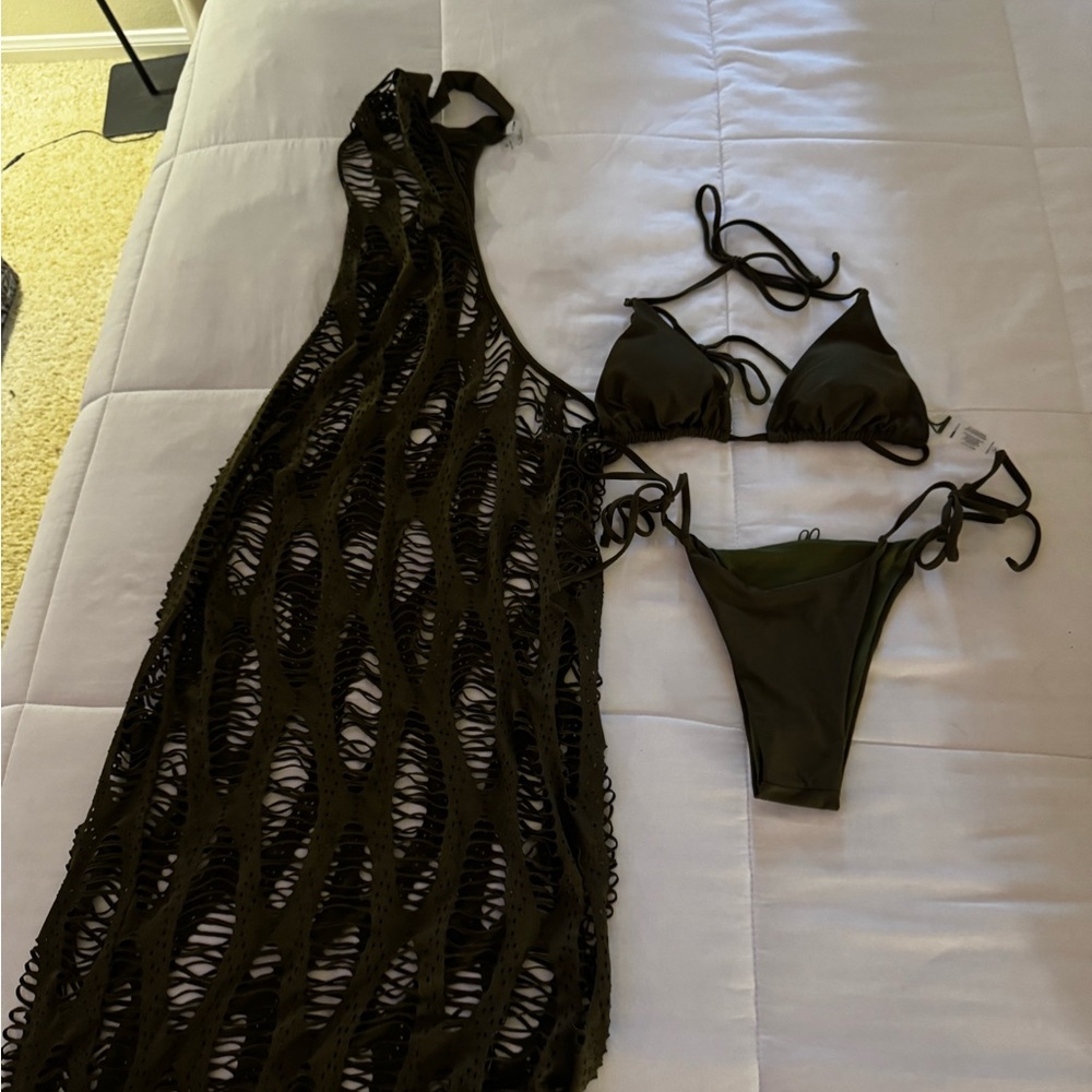 Chic olive green Mesh Cover-Up with Bikini Set